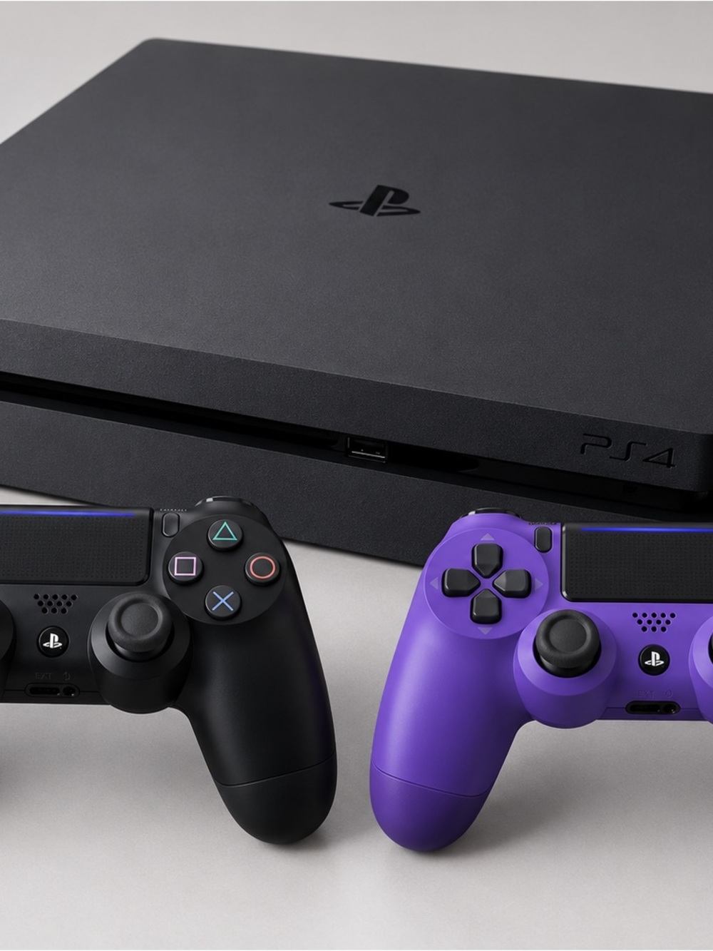 Sony PS4 Slim Console with Black and Purple DualShock Controllers